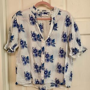 THML White Blouse with Blue Floral Print and Ruffled Sleeves